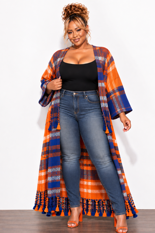 Final Sale Plus Size Knit Kimono Long Cardigan in Orange & Blue Multi-Color Print