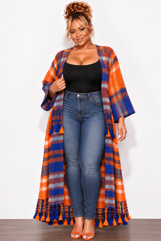Final Sale Plus Size Knit Kimono Long Cardigan in Orange & Blue Multi-Color Print