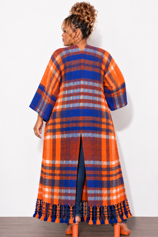 Final Sale Plus Size Knit Kimono Long Cardigan in Orange & Blue Multi-Color Print
