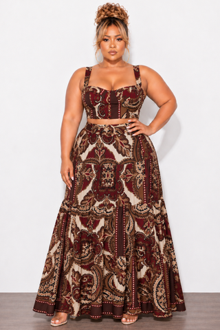 Final Sale Plus Size 2pc Skirt Set with Sleeveless Crop Top in Burgundy Mix Print