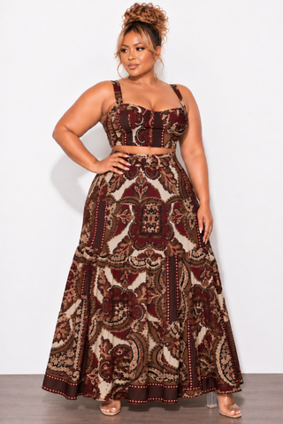 Final Sale Plus Size 2pc Skirt Set with Sleeveless Crop Top in Burgundy Mix Print