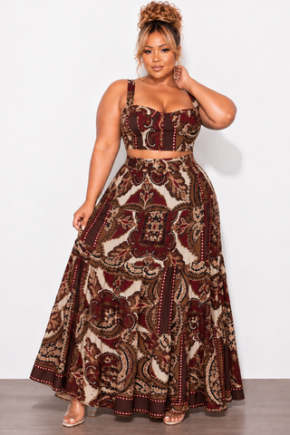 Final Sale Plus Size 2pc Skirt Set with Sleeveless Crop Top in Burgundy Mix Print