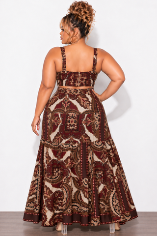 Final Sale Plus Size 2pc Skirt Set with Sleeveless Crop Top in Burgundy Mix Print