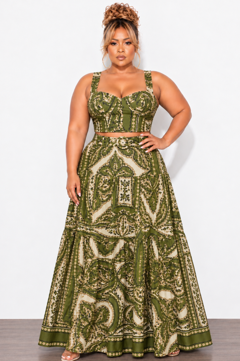 Final Sale Plus Size 2pc Skirt Set with Sleeveless Crop Top in Olive Mix Print