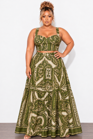 Final Sale Plus Size 2pc Skirt Set with Sleeveless Crop Top in Olive Mix Print