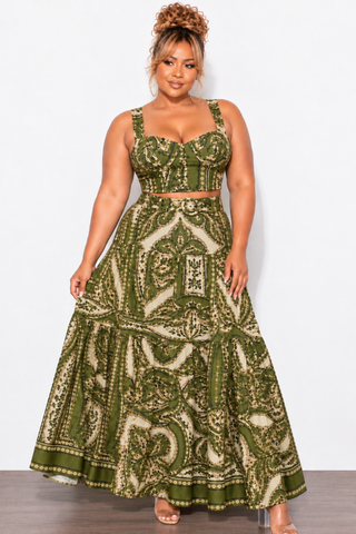 Final Sale Plus Size 2pc Skirt Set with Sleeveless Crop Top in Olive Mix Print