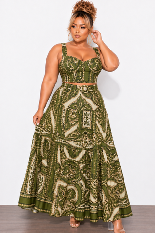 Final Sale Plus Size 2pc Skirt Set with Sleeveless Crop Top in Olive Mix Print