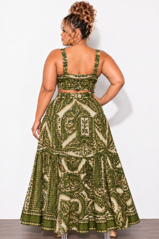 Final Sale Plus Size 2pc Skirt Set with Sleeveless Crop Top in Olive Mix Print
