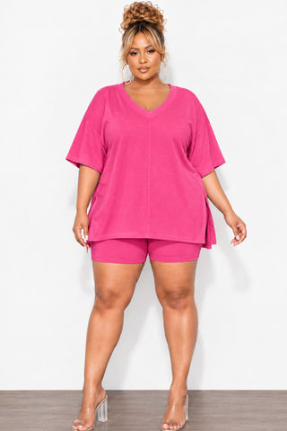 Final Sale Plus Size 2pc V-Neck Tunic Top and Matching Shorts Set in Pink