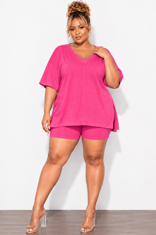 Final Sale Plus Size 2pc V-Neck Tunic Top and Matching Shorts Set in Pink