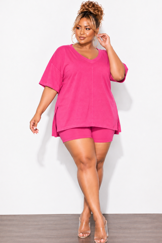 Final Sale Plus Size 2pc V-Neck Tunic Top and Matching Shorts Set in Pink