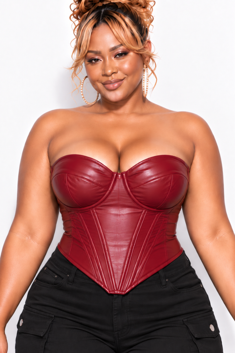 Final Sale Plus Size Faux Leather Corset Red Wine