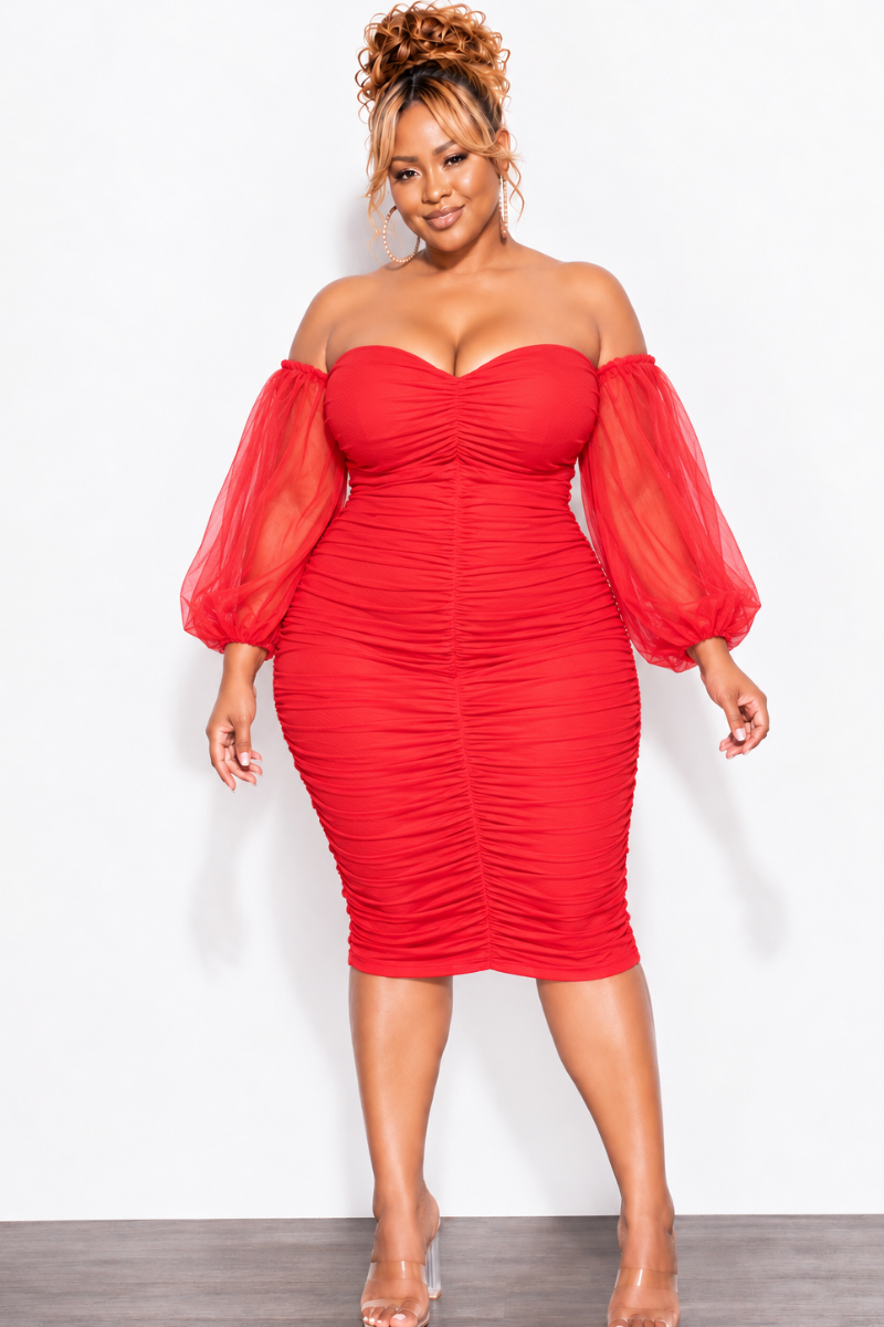 Final Sale Plus Size Mesh Shirring Tube Midi Dress with Mesh Sleeves in Red