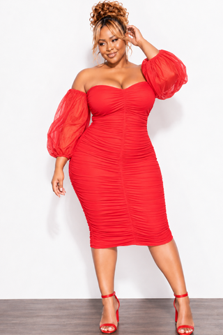 Final Sale Plus Size Mesh Shirring Tube Midi Dress with Mesh Sleeves in Red