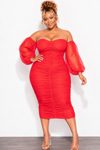 Final Sale Plus Size Mesh Shirring Tube Midi Dress with Mesh Sleeves in Red