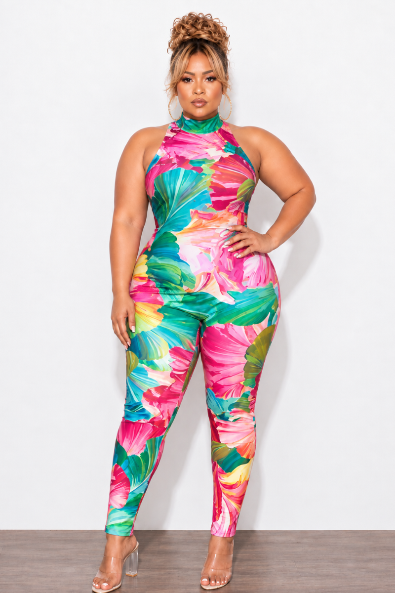 Final Sale Plus Size Sleeveless Mock Neck Catsuit in Fuchsia Floral Print