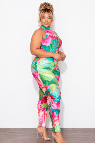 Final Sale Plus Size Sleeveless Mock Neck Catsuit in Fuchsia Floral Print