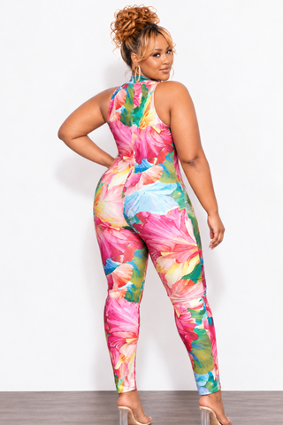 Final Sale Plus Size Sleeveless Mock Neck Catsuit in Fuchsia Floral Print