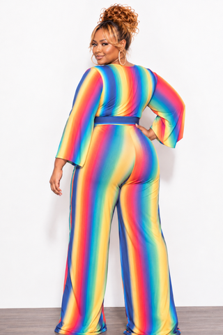 Final Sale Plus Size Long Sleeve Deep V Belted Wide Leg Jumpsuit in Rainbow Print