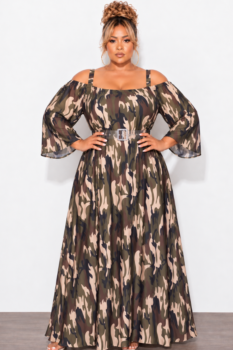Final Sale Plus Size Maxi Dress with Shoulder Straps in Camouflage
