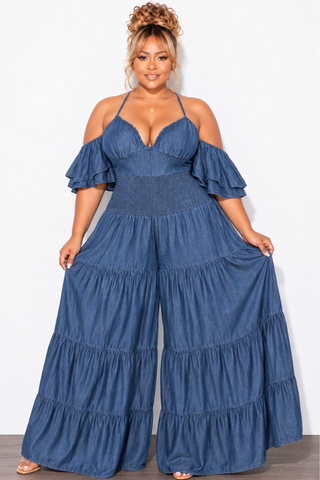 Final Sale Plus Size Spaghetti Strap Mini Ruffle Halter Jumpsuit in Dark Denim Chambray