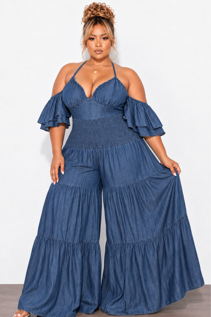 Final Sale Plus Size Spaghetti Strap Mini Ruffle Halter Jumpsuit in Dark Denim Chambray