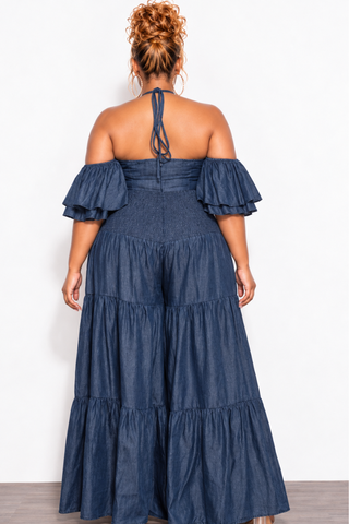 Final Sale Plus Size Spaghetti Strap Mini Ruffle Halter Jumpsuit in Dark Denim Chambray