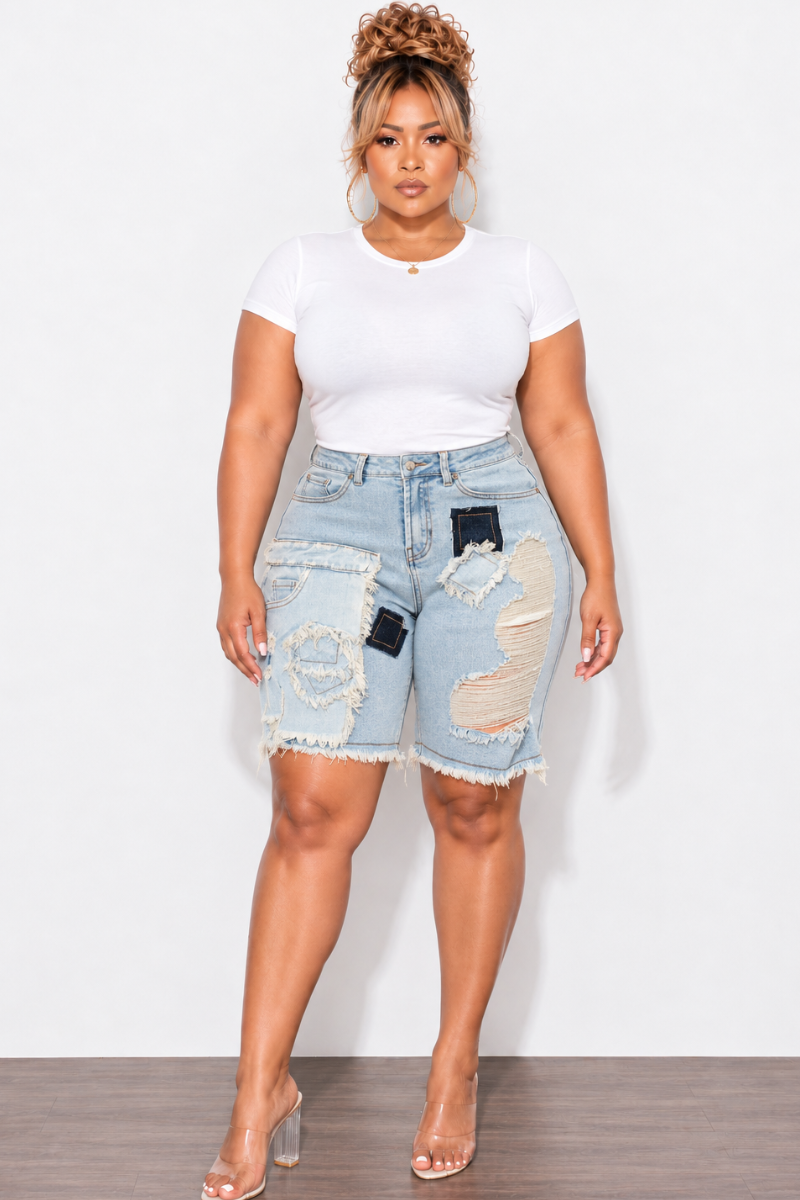 Final Sale Plus Size Patchwork Shorts in Light Denim