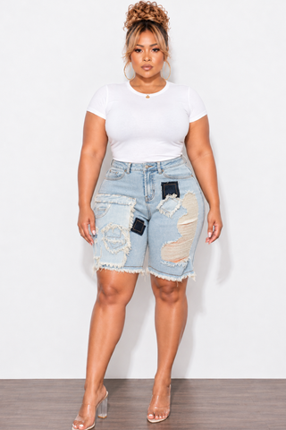Final Sale Plus Size Patchwork Shorts in Light Denim