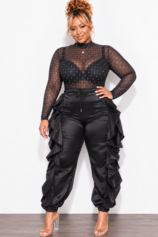 Final Sale Plus Size Bodysuit in Black with Diamond Pattern with Silver Bling