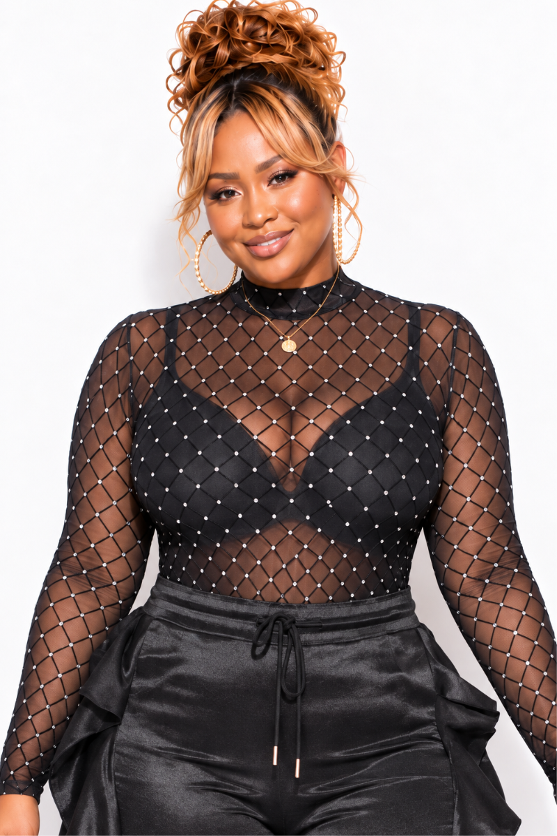 Final Sale Plus Size Bodysuit in Black with Diamond Pattern with Silver Bling