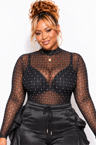 Final Sale Plus Size Bodysuit in Black with Diamond Pattern with Silver Bling