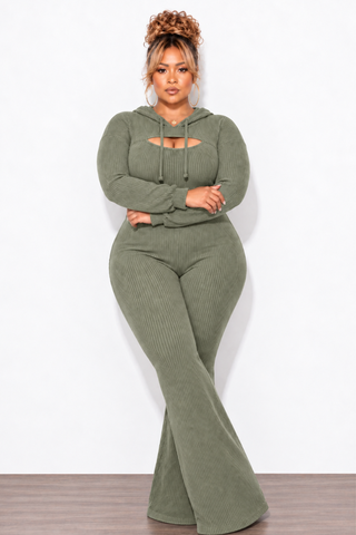 Final Sale Plus Size 2pc Ribbed Tank Jumpsuit with Pull Over Top in Light Olive