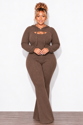 Final Sale Plus Size 2pc Ribbed Tank Jumpsuit with Pull Over Top in Brown