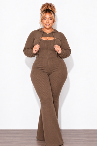 Final Sale Plus Size 2pc Ribbed Tank Jumpsuit with Pull Over Top in Brown