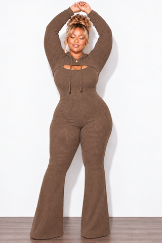 Final Sale Plus Size 2pc Ribbed Tank Jumpsuit with Pull Over Top in Brown