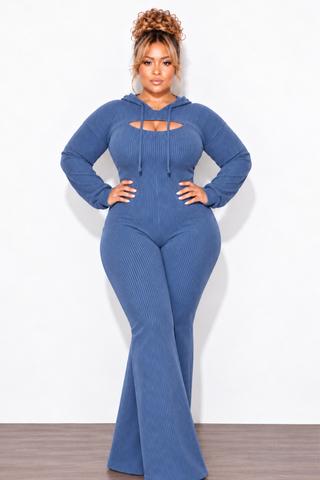 Final Sale Plus Size 2pc Ribbed Tank Jumpsuit with Pull Over Top in Blue