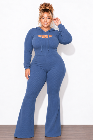 Final Sale Plus Size 2pc Ribbed Tank Jumpsuit with Pull Over Top in Blue