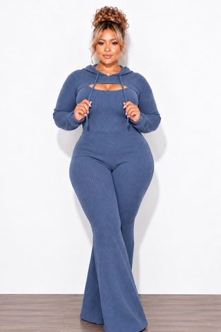 Final Sale Plus Size 2pc Ribbed Tank Jumpsuit with Pull Over Top in Blue