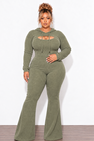 Final Sale Plus Size 2pc Ribbed Tank Jumpsuit with Pull Over Top in Light Olive
