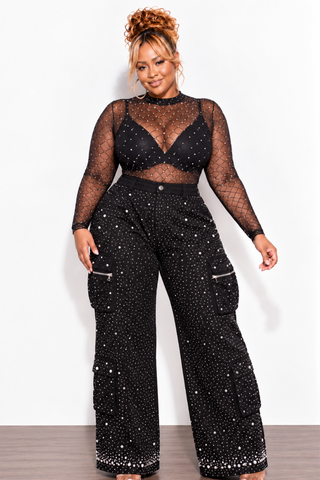 Final Sale Plus Size Bling Bling Rhinestone & Pearl Cargo Pants