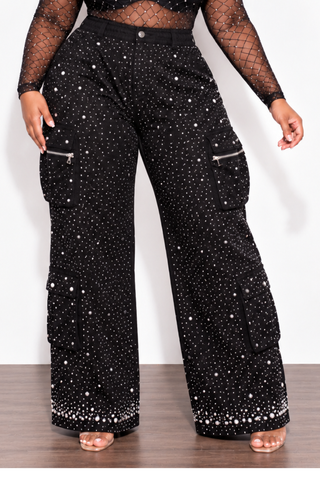 Final Sale Plus Size Bling Bling Rhinestone & Pearl Cargo Pants