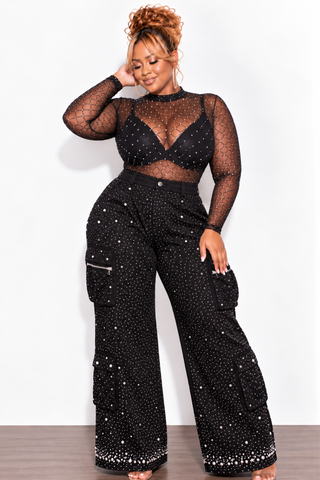 Final Sale Plus Size Bling Bling Rhinestone & Pearl Cargo Pants