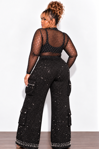 Final Sale Plus Size Bling Bling Rhinestone & Pearl Cargo Pants