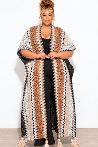 Final Sale Plus Size Knitted Cardigan with Bottom Tassels in Brown and Black