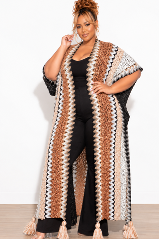 Final Sale Plus Size Knitted Cardigan with Bottom Tassels in Brown and Black