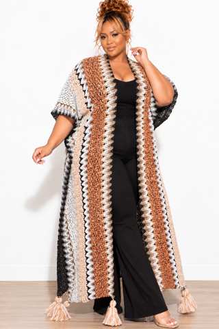 Final Sale Plus Size Knitted Cardigan with Bottom Tassels in Brown and Black