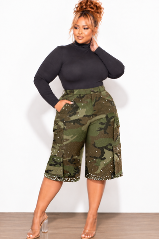 Final Sale Plus Size Cargo Camouflage Jorts with Pearls & Rhinestones