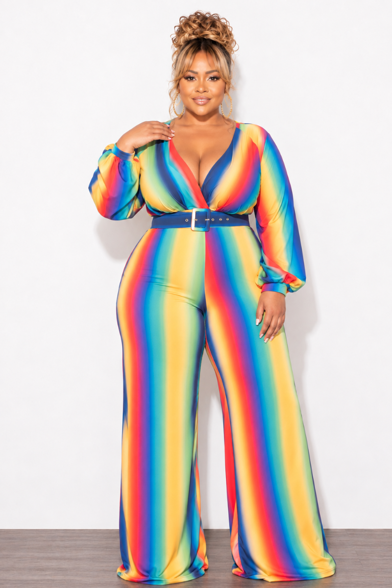 Final Sale Plus Size Long Sleeve Deep V Belted Wide Leg Jumpsuit in Rainbow Print