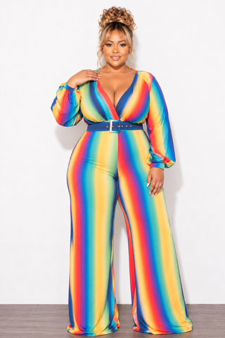 Final Sale Plus Size Long Sleeve Deep V Belted Wide Leg Jumpsuit in Rainbow Print